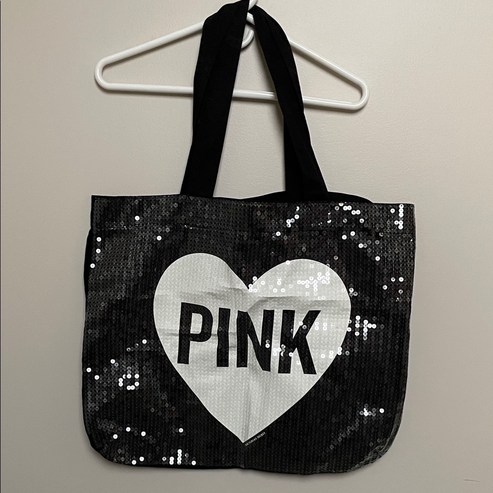 Vintage PINK Victoria's Secret Black Sequin Tote with White Heart